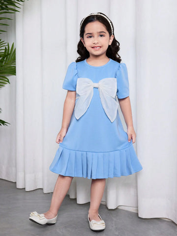 Young Girl Elegant Blue Knit Pleated Dress With Big Bow