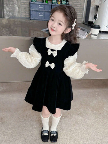 Young Girl Elegant Bow Tie & Cap Sleeve Velvet Jumper Dress With Long Sleeve Top, Autumn Set