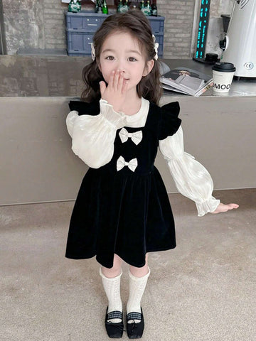 Young Girl Elegant Bow Tie & Cap Sleeve Velvet Jumper Dress With Long Sleeve Top, Autumn Set