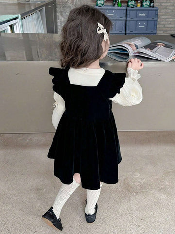 Young Girl Elegant Bow Tie & Cap Sleeve Velvet Jumper Dress With Long Sleeve Top, Autumn Set
