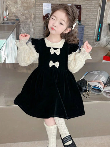 Young Girl Elegant Bow Tie & Cap Sleeve Velvet Jumper Dress With Long Sleeve Top, Autumn Set