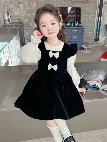 Young Girl Elegant Bow Tie & Cap Sleeve Velvet Jumper Dress With Long Sleeve Top, Autumn Set