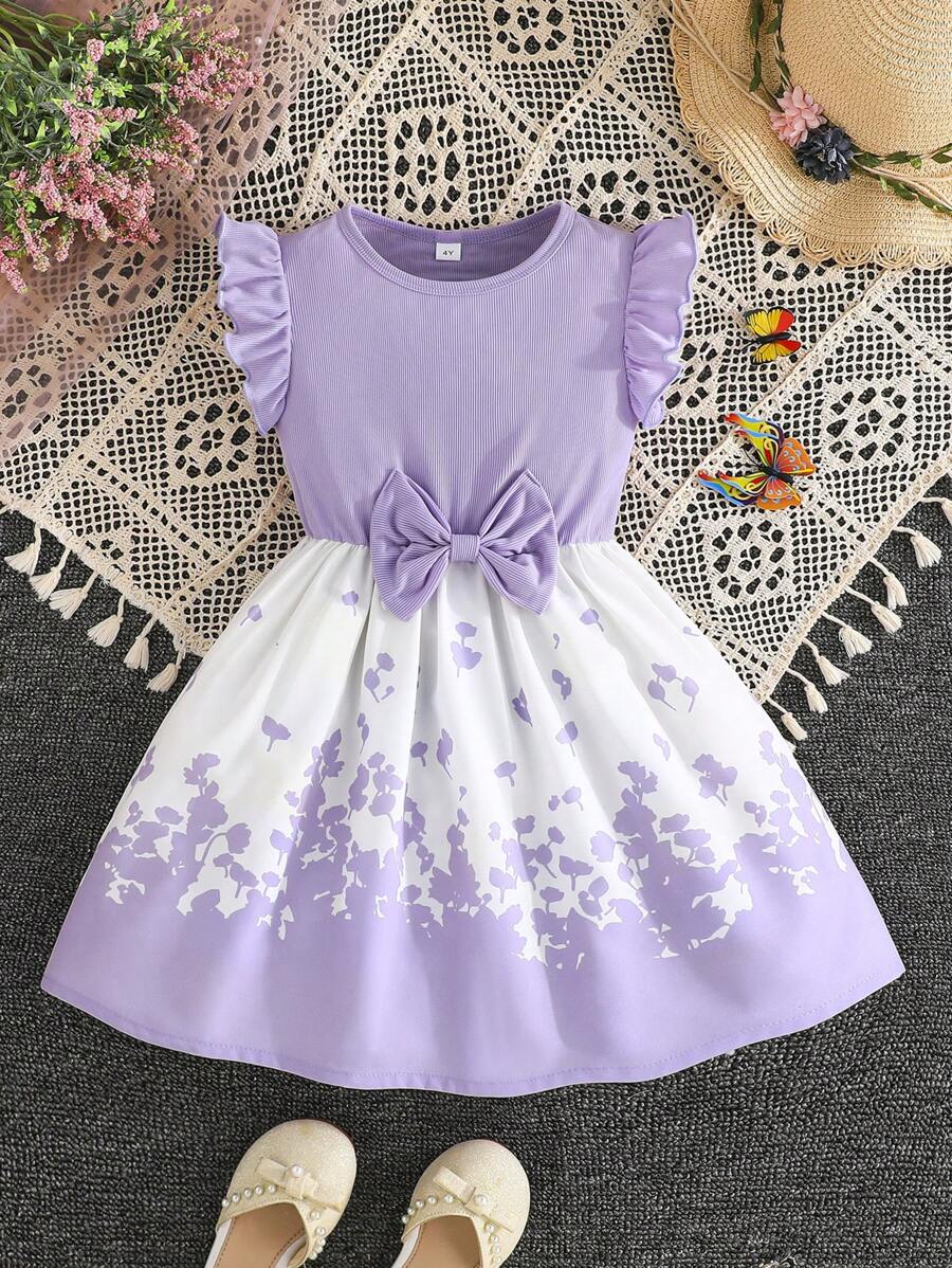 Young Girl Elegant Butterfly & Flower Decor Round Neck Dress, Casual Vacation New Style For Summer