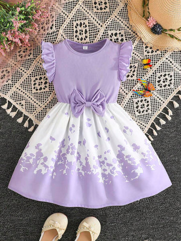 Young Girl Elegant Butterfly & Flower Decor Round Neck Dress, Casual Vacation New Style For Summer