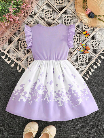Young Girl Elegant Butterfly & Flower Decor Round Neck Dress, Casual Vacation New Style For Summer
