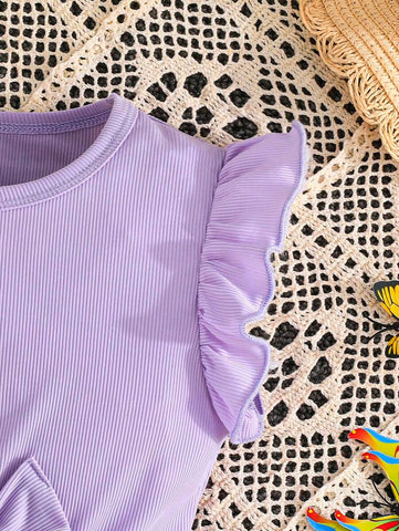 Young Girl Elegant Butterfly & Flower Decor Round Neck Dress, Casual Vacation New Style For Summer