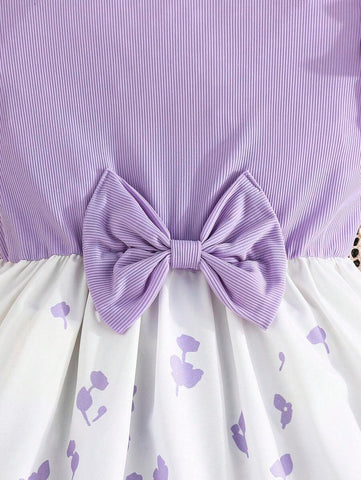 Young Girl Elegant Butterfly & Flower Decor Round Neck Dress, Casual Vacation New Style For Summer