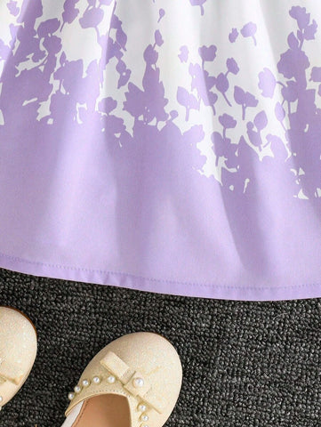 Young Girl Elegant Butterfly & Flower Decor Round Neck Dress, Casual Vacation New Style For Summer