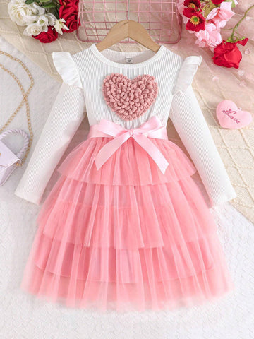 Young Girl' Elegant Cap Sleeve Heart Pattern Long Sleeve Tulle Cute Dress, Spring & Autumn