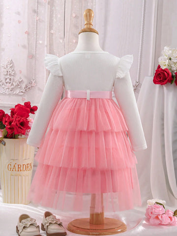 Young Girl' Elegant Cap Sleeve Heart Pattern Long Sleeve Tulle Cute Dress, Spring & Autumn