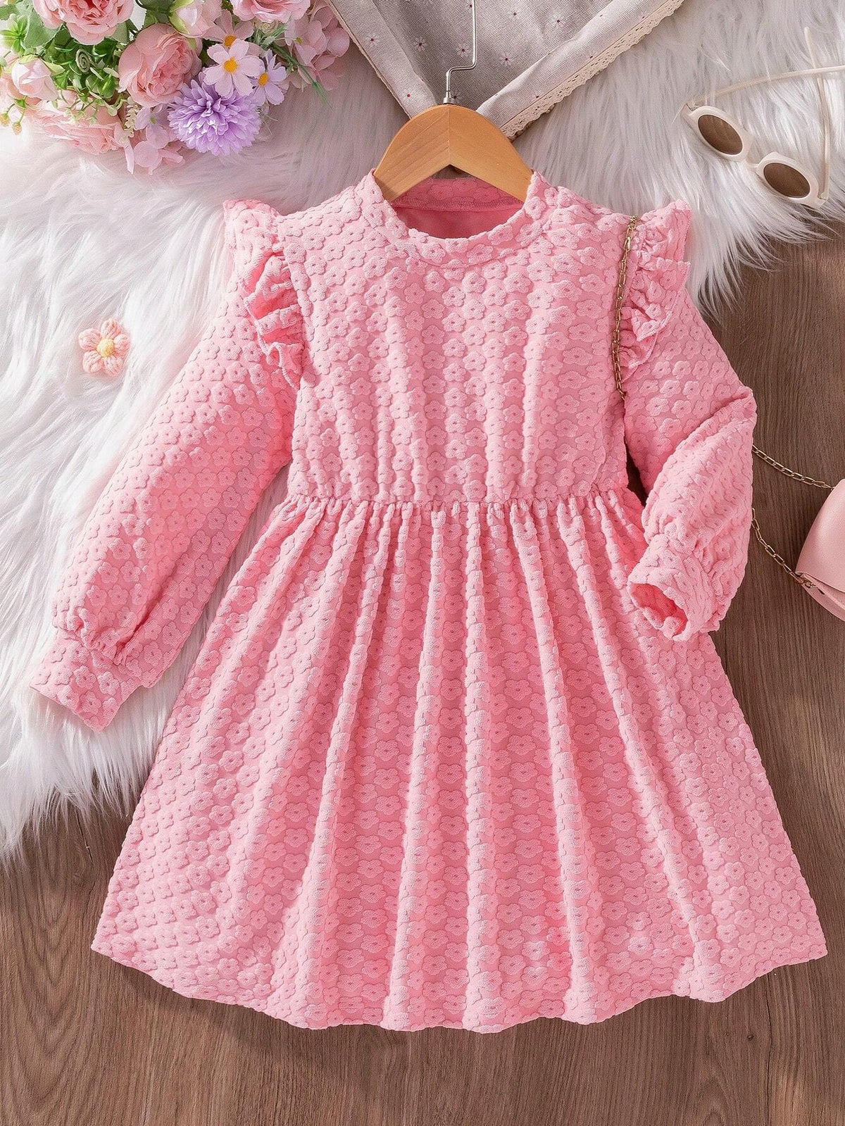 Young Girl Elegant Cap Sleeve Jacquard Pattern Dress, Suitable For Birthday Gift, New Year Gift, Party, Outdoor, Daily Wear