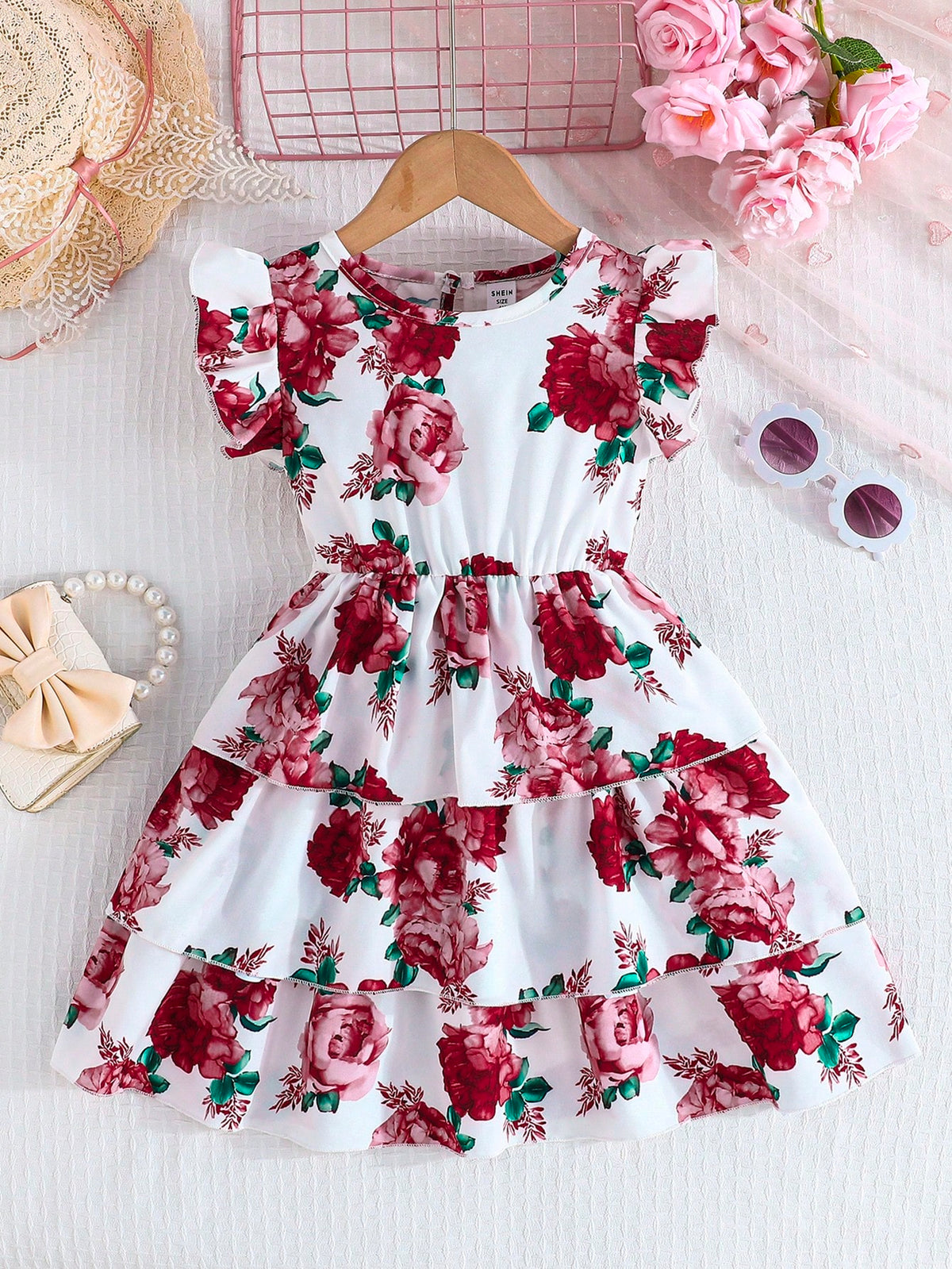Young Girl' Elegant Cap Sleeve Round Neck Puffy Princess Dress, Spring/Summer