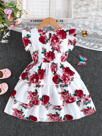 Young Girl' Elegant Cap Sleeve Round Neck Puffy Princess Dress, Spring/Summer