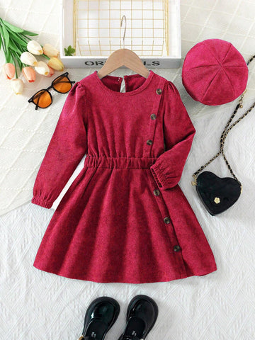 Young Girl Elegant Christmas Corduroy Beret Dress With Refined Button Design And Corduroy Material, Round Neck Long Sleeve A-Line, And Elegant Style
