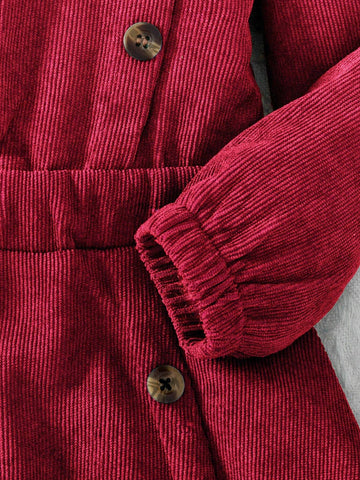 Young Girl Elegant Christmas Corduroy Beret Dress With Refined Button Design And Corduroy Material, Round Neck Long Sleeve A-Line, And Elegant Style