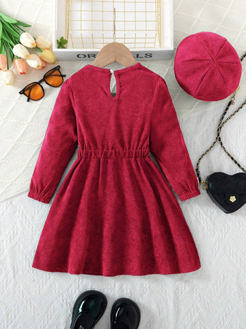 Young Girl Elegant Christmas Corduroy Beret Dress With Refined Button Design And Corduroy Material, Round Neck Long Sleeve A-Line, And Elegant Style