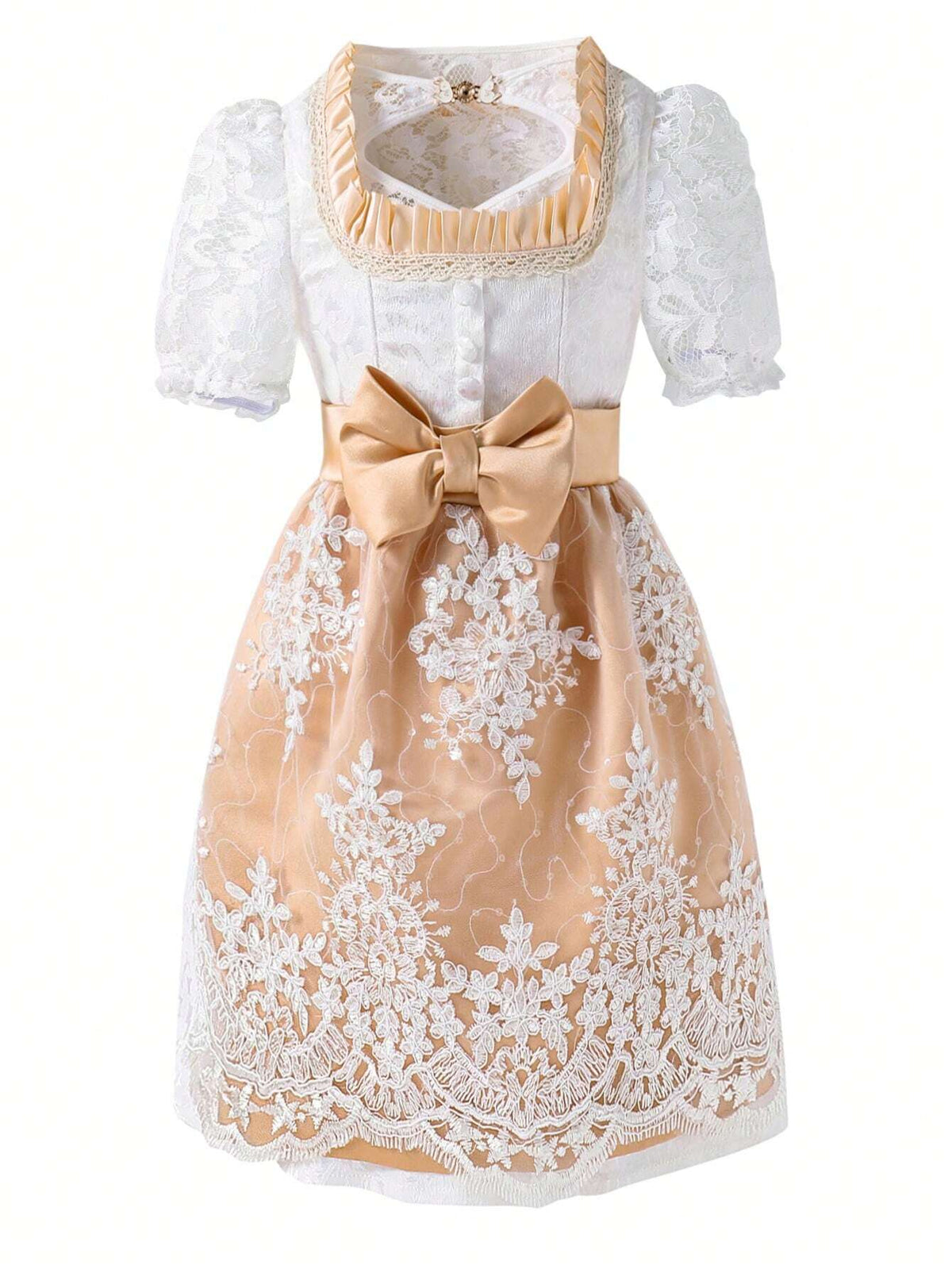 Young Girl Elegant Color Block Lace Puff Sleeve Summer Dress