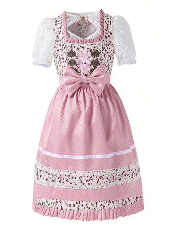 Young Girl Elegant Color Block Lace Puff Sleeve Summer Dress