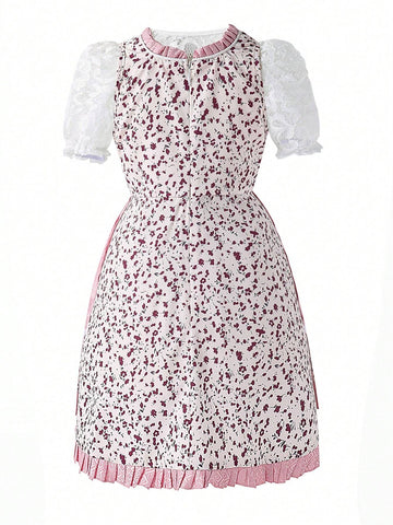 Young Girl Elegant Color Block Lace Puff Sleeve Summer Dress