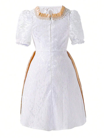 Young Girl Elegant Color Block Lace Puff Sleeve Summer Dress