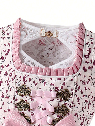 Young Girl Elegant Color Block Lace Puff Sleeve Summer Dress