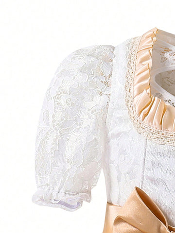 Young Girl Elegant Color Block Lace Puff Sleeve Summer Dress