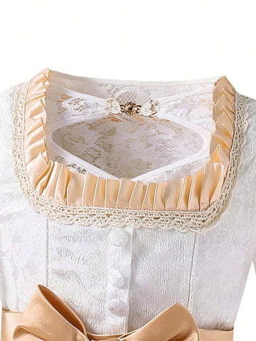 Young Girl Elegant Color Block Lace Puff Sleeve Summer Dress