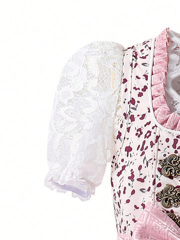 Young Girl Elegant Color Block Lace Puff Sleeve Summer Dress