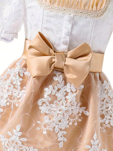 Young Girl Elegant Color Block Lace Puff Sleeve Summer Dress