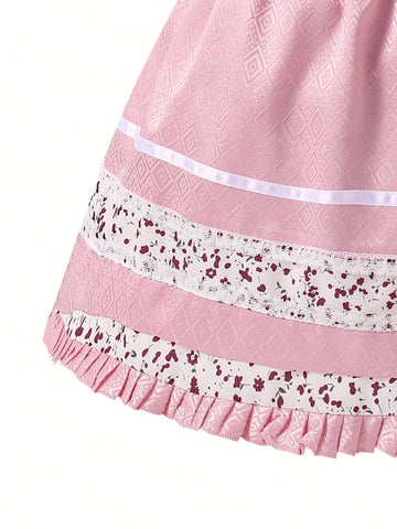 Young Girl Elegant Color Block Lace Puff Sleeve Summer Dress