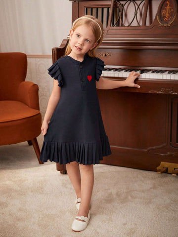 Young Girl Elegant Commuter Lady Casual Schoolgirl Heart Print Low Waist Ruffle Hem Dress