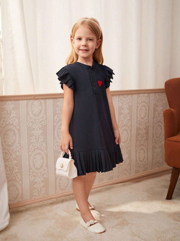 Young Girl Elegant Commuter Lady Casual Schoolgirl Heart Print Low Waist Ruffle Hem Dress