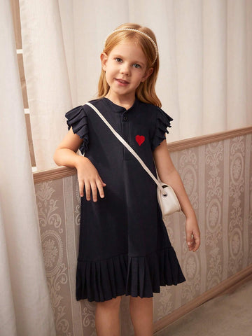 Young Girl Elegant Commuter Lady Casual Schoolgirl Heart Print Low Waist Ruffle Hem Dress