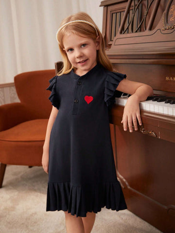 Young Girl Elegant Commuter Lady Casual Schoolgirl Heart Print Low Waist Ruffle Hem Dress