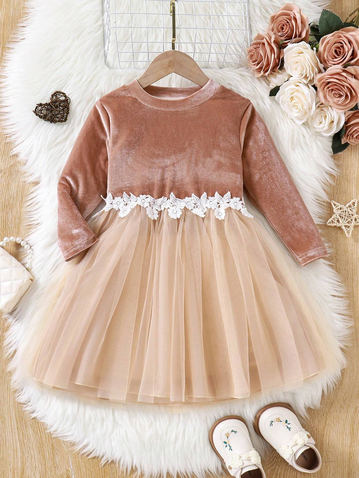 Young Girl Elegant Commuter Versatile Mesh Patchwork Long Sleeve Dress, Autumn/Winter