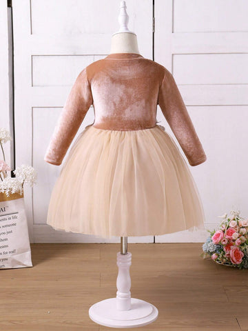 Young Girl Elegant Commuter Versatile Mesh Patchwork Long Sleeve Dress, Autumn/Winter