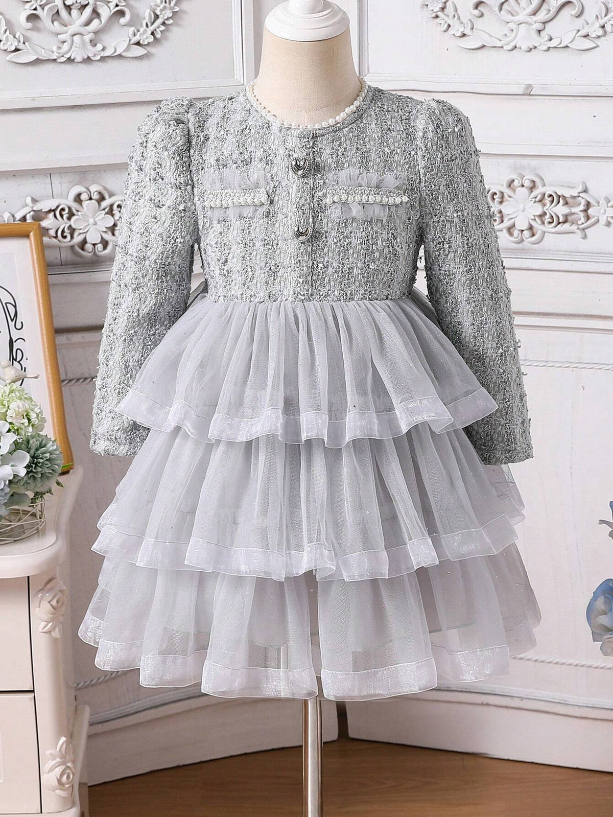 Young Girl Elegant Contrast Mesh Layered Hem Dress, Autumn