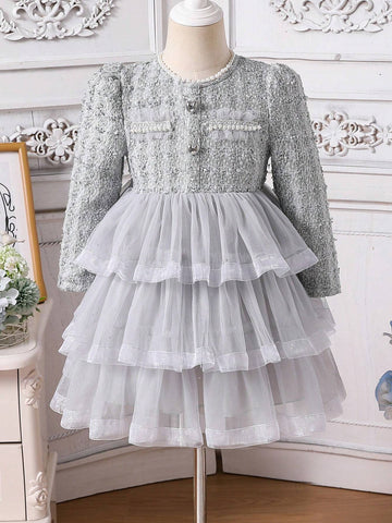 Young Girl Elegant Contrast Mesh Layered Hem Dress, Autumn