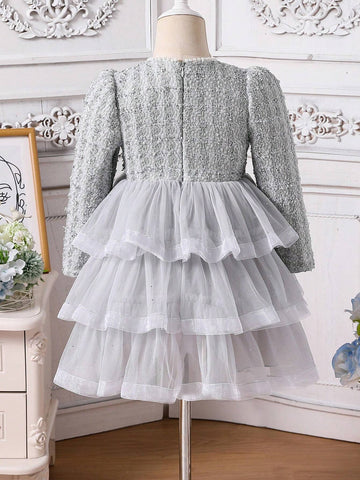 Young Girl Elegant Contrast Mesh Layered Hem Dress, Autumn
