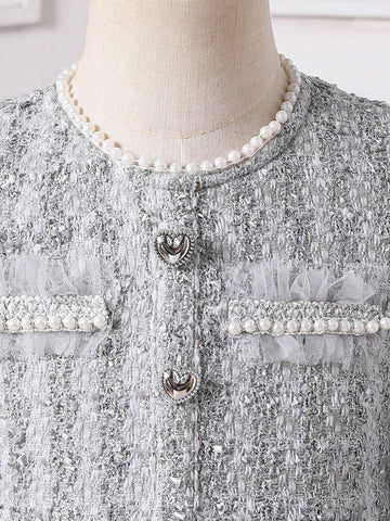 Young Girl Elegant Contrast Mesh Layered Hem Dress, Autumn