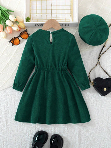 Young Girl' Elegant Corduroy Christmas Beret Dress