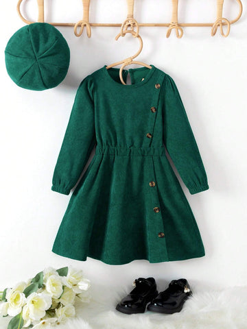 Young Girl' Elegant Corduroy Christmas Beret Dress
