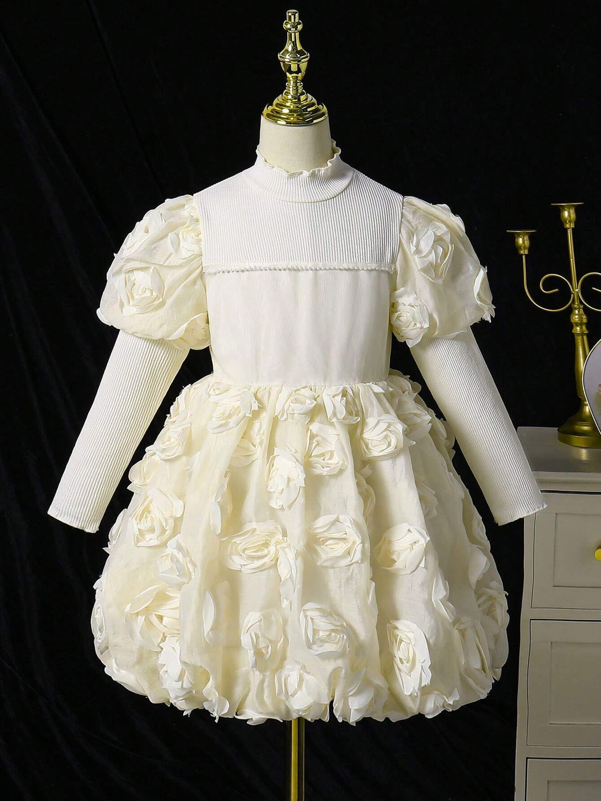 Young Girl Elegant Cute Party Mock Neck Gigot Sleeve Floral Decor Bubble Hem Dress