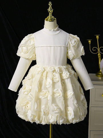Young Girl Elegant Cute Party Mock Neck Gigot Sleeve Floral Decor Bubble Hem Dress