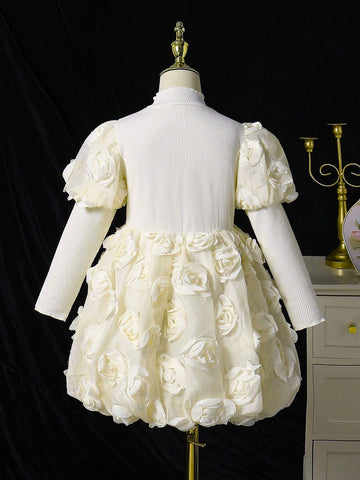 Young Girl Elegant Cute Party Mock Neck Gigot Sleeve Floral Decor Bubble Hem Dress