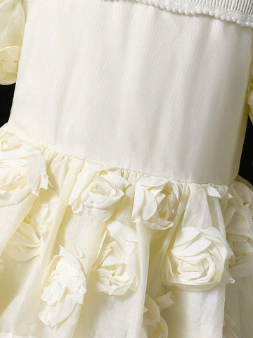 Young Girl Elegant Cute Party Mock Neck Gigot Sleeve Floral Decor Bubble Hem Dress