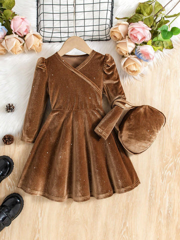 Young Girl Elegant Delicate Velvet V-Neck Long Sleeve A-Line Dress + Bag, Suitable For Christmas Party And Ball, Autumn/Winter