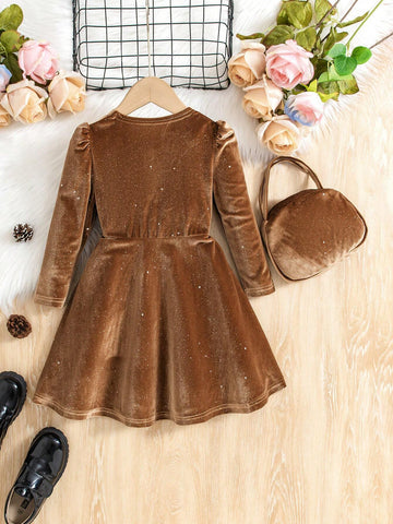 Young Girl Elegant Delicate Velvet V-Neck Long Sleeve A-Line Dress + Bag, Suitable For Christmas Party And Ball, Autumn/Winter