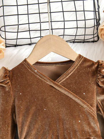 Young Girl Elegant Delicate Velvet V-Neck Long Sleeve A-Line Dress + Bag, Suitable For Christmas Party And Ball, Autumn/Winter
