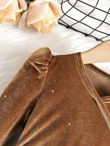 Young Girl Elegant Delicate Velvet V-Neck Long Sleeve A-Line Dress + Bag, Suitable For Christmas Party And Ball, Autumn/Winter